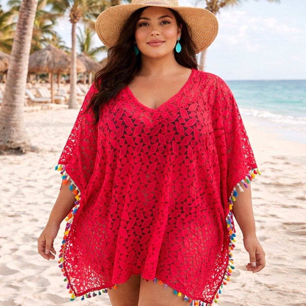 Susan Graver Top 1X Plus Pink Lace Beach Coverup Poncho Boho Rainbow Tassel Swim